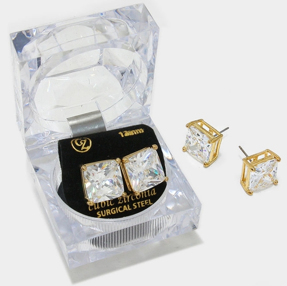 Gold 12 mm Crystal Cubic Zirconia Square Earrings - Picture 3 of 3